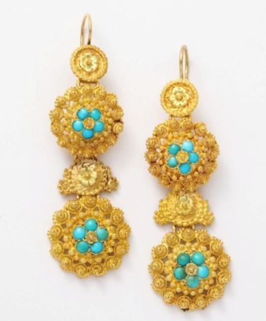 Regency Turquoise Chandelier Earrings, 18 carat, circa 1840; Glorious Antique Jewelry 