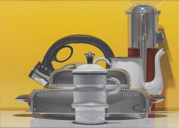 Harold Reddicliffe (b.  1947) Ice Crusher, Coffee Pot, Waffle Iron, and Tea Kettle, 2012.  Oil on canvas, 10 x 14 in.  