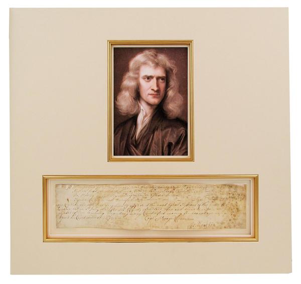 Recognizance bond signed by Sir Isaac Newton when he was Warden of the Royal Mint in 1699, relating to the criminal case against counterfeiter William Chaloner (estimate: $24,000-$28,000).