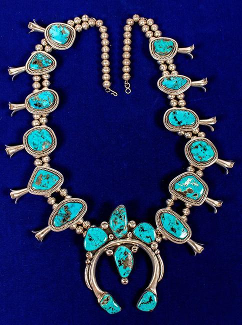 Spectacular silver and exquisite sky-blue turquoise squash blossom necklace, circa 1950s or ‘60s, “the finest one we’ve ever seen,” according to Fred Holabird (est.  $3,000-$4,000).