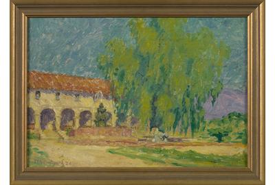 New Orleans Auction, St.  Charles Gallery, Inc.  recently auctioned William Woodward (American/New Orleans, 1859-1939) "Sunlit View of the Mission Santa Barbara, California", 1926, oil on canvas board, signed and dated lower left "W.  Woodward '26", frame retains label "Francis Hendricks Co., Inc., Syracuse, New York", 13-3/4" x 19-7/8".  Presented in a giltwood frame.