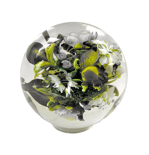 A glass bouquet orb paperweight by Paul Stankard (American, b.  1943), signed internally and containing an elaborate bouquet of flowers and bees