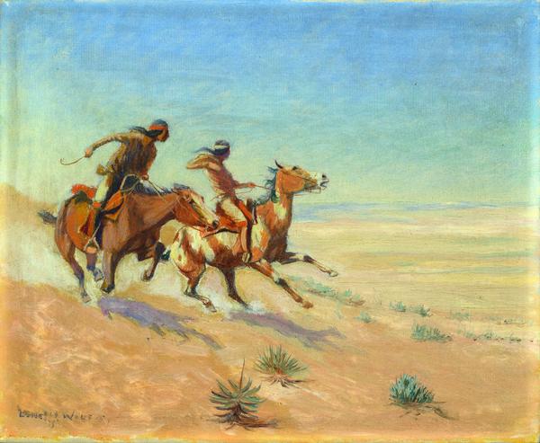 Artwork Credit: Lone Wolf (Hart M.  Schultz), Starting on a Wild Horse Hunt, 1915, oil on canvas; on loan from the Sheldon Museum of Art, University of Nebraska-Lincoln, Anna R.  and Frank M.  Hall Collection.  