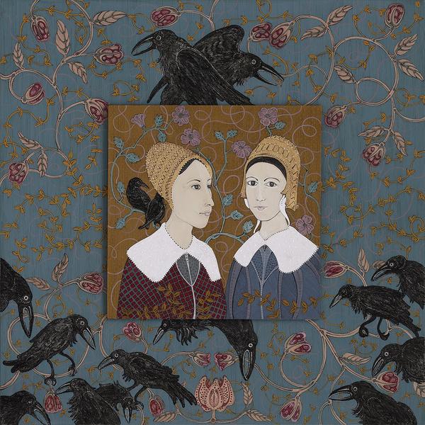 Sisters, 2015, ink, acrylic and gold leaf on museum board, 13 x 13 inches