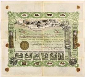 Gorgeous 1908 stock certificate for the Great Cariboo Gold Company of British Columbia, Canada, for 84 shares, issued to Annie E.  Price (est.  $500-$1,000).