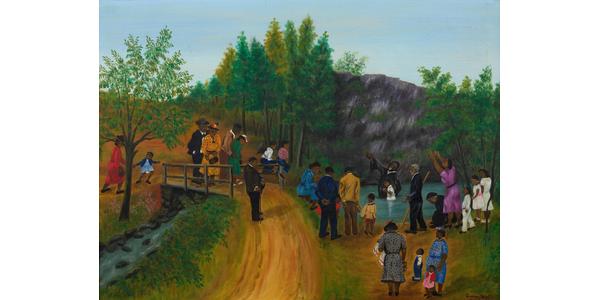 Queena Stovall (1887-1980) The Baptising, signed Queena Stovall and dated March, 1951, lower right, oil on canvas, 24 x 32 ¼ inches 