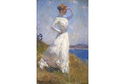 Frank W.  Benson, Sunlight, 1909; oil on canvas, 32 x 20 in.; collection of the Indianapolis Museum of Art, John Herron Fund, 11.1