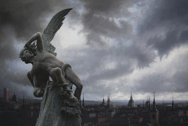 The Fallen Angel (El Ángel Caido), 2017, oil on canvas mounted on panel, 48 x 71 inches