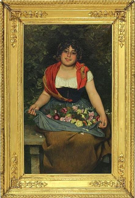 “The Flower Seller” by Gaetano Bellei (1857-1922), up for auction by Leland Little Auction & Estate Sales