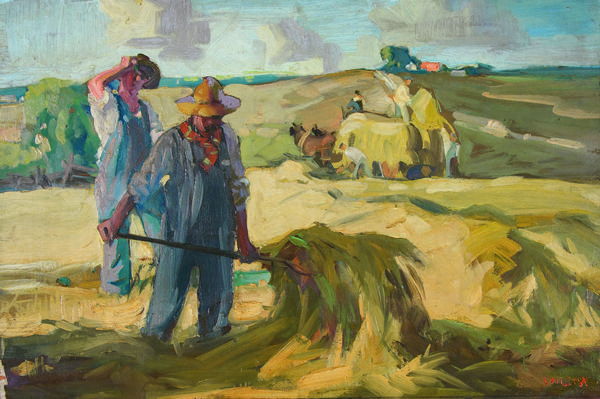 Frank Nelson Wilcox (1887-1964) The Hay Field, c.  1916.  Oil on paper, mounted on wood.  Signed lower right 24 x 35 inches.  "...  I learned respect for farming to a degree and also got over any sense of urban-class superiority toward farming people.  My very first lesson came from being told I could take the shady side of the load because they wished to break me in easy.  With the sun constantly in my eye, I pitched hay all afternoon until about ready to drop."