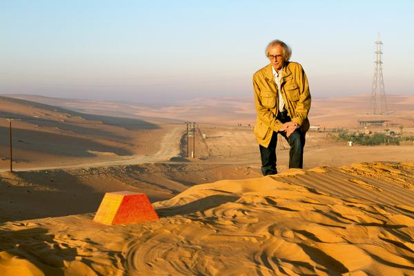 The artist Christo, who will attend the Art for Tomorrow conference, during a scale model test at the proposed site of The Mastaba, a current project in Abu Dhabi, as shown in November 2011.  Photo: Wolfgang Volz © 2011 Christo