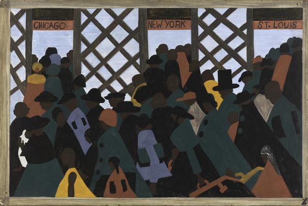 Jacob Lawrence,TheMigrationSeries,Panelno.1:DuringWorldWarItherewasagreatmigrationnorthbysouthernAfricanAmericans., 1940–41.  Casein tempera on hardboard, 12 x 18in.  The Phillips Collection, Washington, DC, Acquired 1942 © The Jacob and Gwendolyn Lawrence Foundation, Seattle / Artists Rights Society (ARS), New York