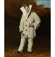 Oil on canvas painting by French artist Theodule Augustin Ribot (1823-1891), titled Harlequin in a Landscape, Holding a Bunch of Flowers, 17 ½ inches by 14 inches (est.  $3,000-$5,000).