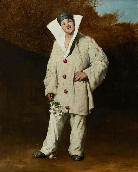 Oil on canvas painting by French artist Theodule Augustin Ribot (1823-1891), titled Harlequin in a Landscape, Holding a Bunch of Flowers, 17 ½ inches by 14 inches (est.  $3,000-$5,000).