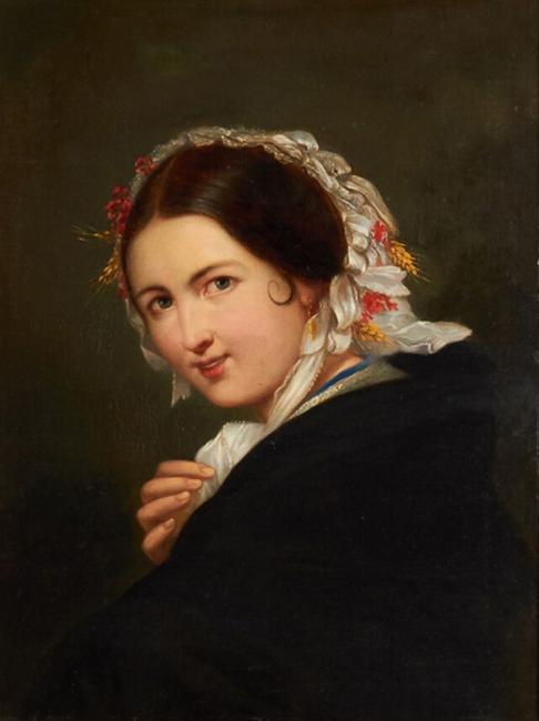 Oil on canvas painting by British-born American artist Thomas Sully (1783-1872), titled Portrait of a Young Woman with Wheat and Flowers on her Bonnet , done in 1841 (est.  $1,500-$2,500).