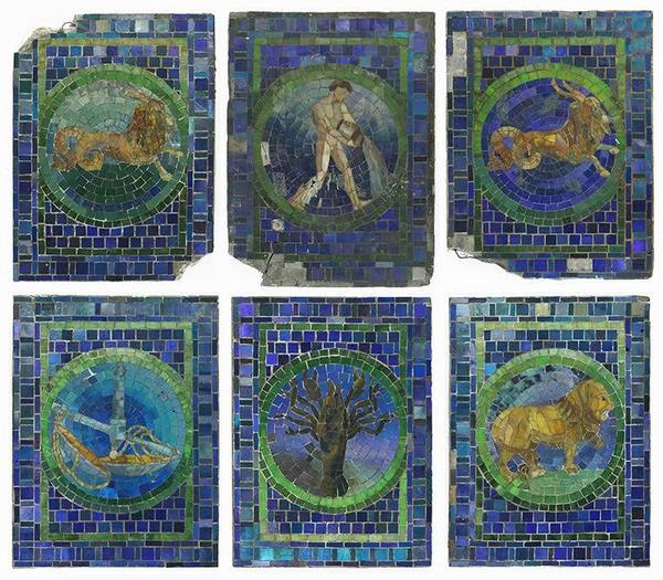 Collection of six Tiffany Studios glass zodiac panels from the Marshall Field & Company Men’s Grill, depicting Aquarius, Libra, Leo, Cancer and two Capricorns (est.  $100,000-$120,000).