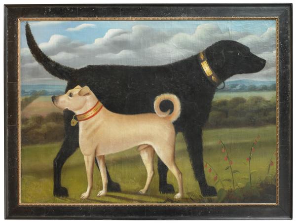 Portrait of Two Dogs in a Landscape English, probably Yorkshire, c.1840-1850.  Inscribed on each dog’s collar: Walter Crossly/ Fleece Inn Elland, oil on canvas