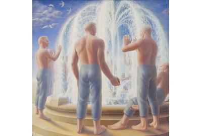 George Tooker (1920-2011), Fountain, 1950, egg tempera on gesso panel, 24" x 24", signed