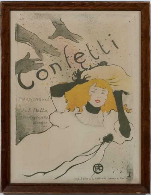 Henri de Toulouse-Lautrec (French 1864-1901) color lithograph titled Confetti (1894), printed by Bella & de Malherbe (London and Paris).  22 ¾ inches by 17 ½ inches (est.  $15,000-$25,000).