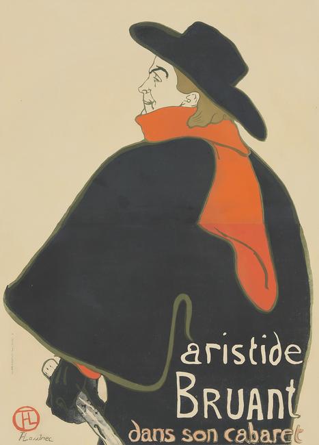 Cabaret poster by the iconic artist Henri de Toulouse-Lautrec (1864-1901), titled Aristide Bruant Dans Son Cabaret (1893), 38 1/2 inches by 53 1/2 inches (est.  $60,000-$70,000).