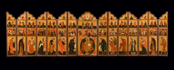 Rare 19th century Travelling Iconostasis, Russia, Old Believers Workshop, 44.5 x 159 cm