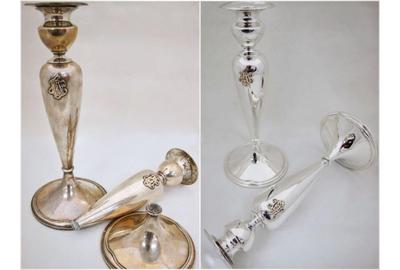 Silver Candlesticks Before and After Restoration by Trefler's