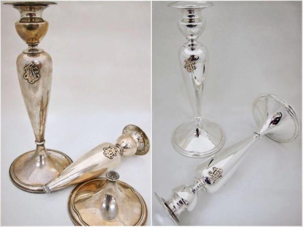 Silver Candlesticks Before and After Restoration by Trefler's