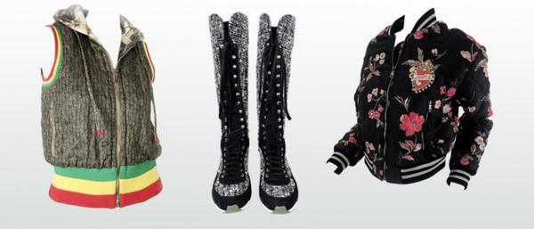 L to R: John Galliano for Dior ‘Rasta’ hoodie ($600-$800), Chanel fantasy high-sneaker boots ($500-$1,000), and Dolce & Gabbana rose-print runway baseball jacket ($300-$1,200).