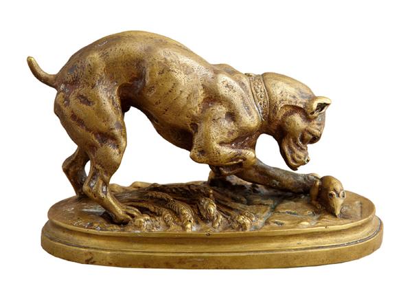 This bronze sculpture by 19th century French artist Henri Emile Adrien Trodoux, titled Boxer Dog and a Rat, signed, four inches tall, will come up for bid June 4-5 in New Orleans, La.