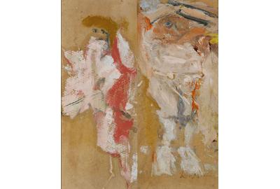 This work, entitled Two Women, is part of de Koonings important Clam Diggers series.  The piece reveals his distinctive style, which embraced the figural yet bordered on abstraction.