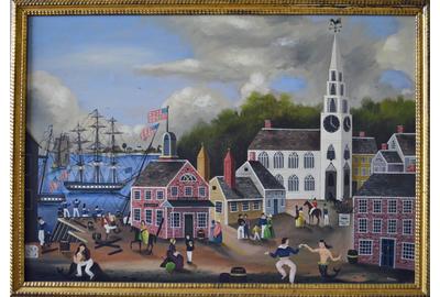 A Massive Ralph Cahoon Painting of A New England Seaside Village Dock, Ralph Eugene Cahoon, Jr., Titled Seaside Village, Signed R.  Cahoon (LR), Oil on Masonite, 1960.