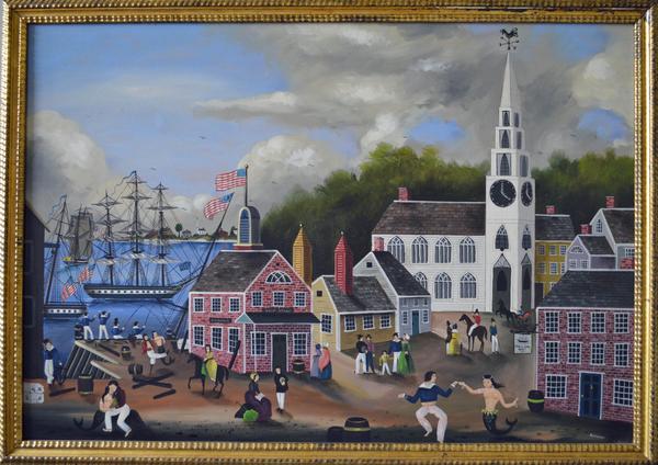 A Massive Ralph Cahoon Painting of A New England Seaside Village Dock, Ralph Eugene Cahoon, Jr., Titled Seaside Village, Signed R.  Cahoon (LR), Oil on Masonite, 1960.