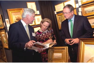 William Vareika of William Vareika Fine Arts (RI) speaking with Dr.  Elliot Bostwick-Davis, Chair, Art of the Americas, MFA Boston, and Malcolm Rogers, Director, MFA Boston at The Ellis Boston Antiques Show Gala.  