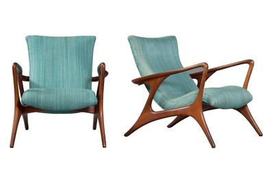 Pair of Vladimir Kagan Upholstered Walnut Contour Lounge Chairs, designed 1958.  Est.  $12,000-18,000