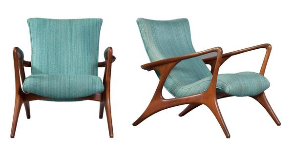 Pair of Vladimir Kagan Upholstered Walnut Contour Lounge Chairs, designed 1958.  Est.  $12,000-18,000