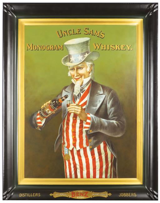 Uncle Sam's Monogram Whiskey self-framed tin sign, one of over 200 signs and calendars in the auction.