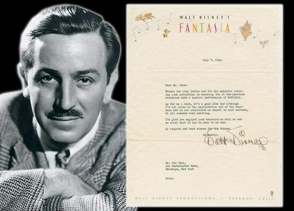 One-page typed letter signed by Walt Disney (1901-1966), regarding an exhibition of Fantasia for Pan-American Union attendees’ children, dated July 7, 1941 (est.  $3,000-$3,500).