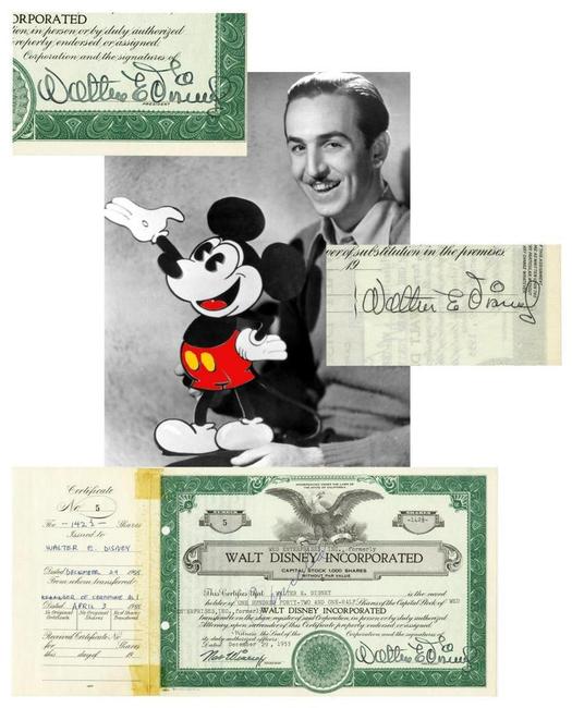 Walt Disney twice-signed, pre-IPO stock certificate for Walt Disney Incorporated, one of only six such certificates in existence, for 142 ½ shares and from 1955 (est.  $26,000-$28,000).