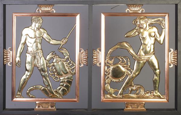 Walter Gilbert and his assistant Louis Weingartner, Birmingham Guild Ltd.  (maker), Pair of panels from lift at Selfridges department store depicting Zodiac sign, Bronze