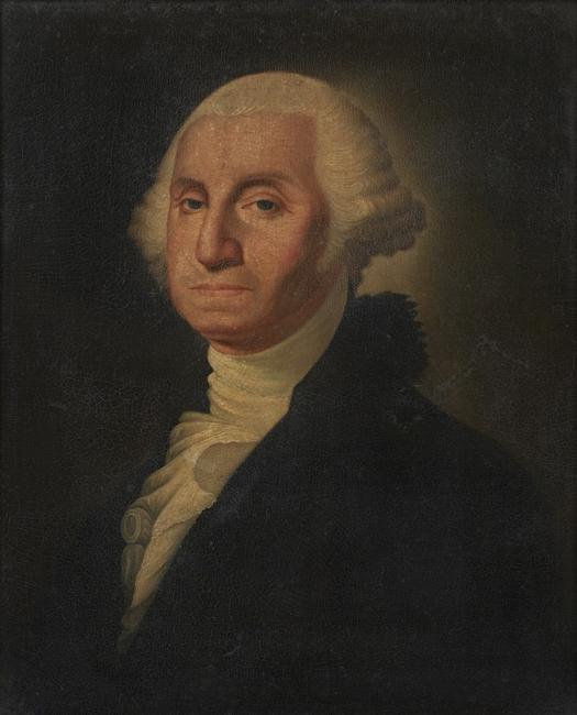 Oil on canvas portrait painting of George Washington, done in the manner of Edward Savage (Am., 1761-1817), 25 inches by 20 inches (est.  $3,000-$5,000).