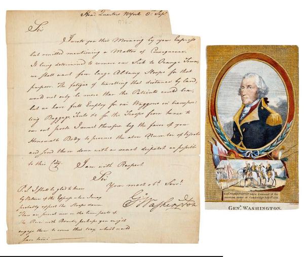 1776 letter signed by then-General George Washington, to Abraham Yates Jr., requesting assistance moving wounded troops after the Battle of Long Island (est.  $15,000 -$20,000).  