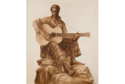 Charles White (1918-1979), Leadbelly, 1975, oil wash and graphite on paper, 44 3/8 x 38 3/8 inches / 112.7 x 97.5 cm, 44 x 38 inches / 111.8 x 96.5 cm sight size, signed