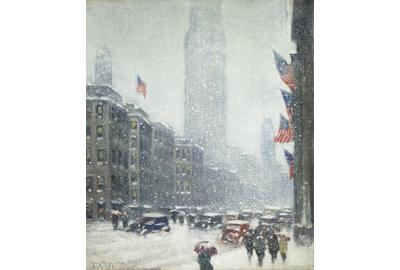 Guy C.  Wiggins (1883–1962) Winter in New York Oil on canvas 24⅛ x 20 3/16 inches Signed lower left: Guy Wiggins; on verso: WINTER IN NEW YORK / Guy Wiggins NA Available at Questroyal Fine Art, LLC, New York, New York