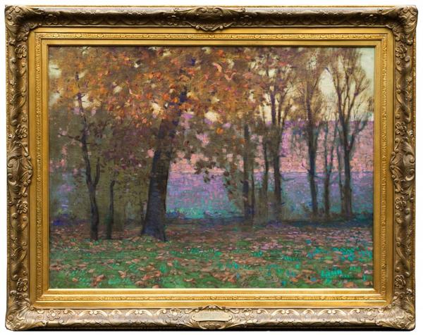 Oil on canvas painting by William Langson Lathrop (Am., 1859-1938), titled October Evening (1922), 30 inches by 40 inches, signed lower right ($100,300).