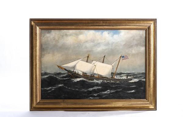 Oil on canvas laid to paper board painting by William Stubbs (1842-1909), titled Galdem (?) S.  Hills Caught in a Gale, signed and in a 20 inch by 28 inch frame (est.  $2,000-$3,000).