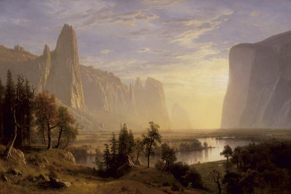 Albert Bierstadt Yosemite Valley , 1868 Oil on canvas 54 1/4 × 72 1/2 in.  Collection of the Oakland Museum of California, gif t of Miss Marguerite Laird in memory of Mr.  and Mrs.  P.W.  Laird 