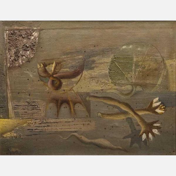 This untitled oil on board painting by the Czech painter, graphic artist and illustrator artist Zdeněk Sklenář (1910-1986) is a candidate for top lot of the auction (est.  $20,000-$40,000).