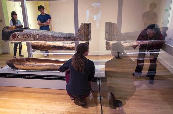 The mummy and coffin of ancient Egyptian priest Nesmin (250 BCE) are moved into a new, state-of-the-art, climate-controlled case in the RISD Museum's newly renovated galleries for ancient Egyptian art.  Tiered mountings and LED lights allow visitors to more effectively view the mummy, the coffin’s exterior, and beautiful but previously hidden interior paintings.