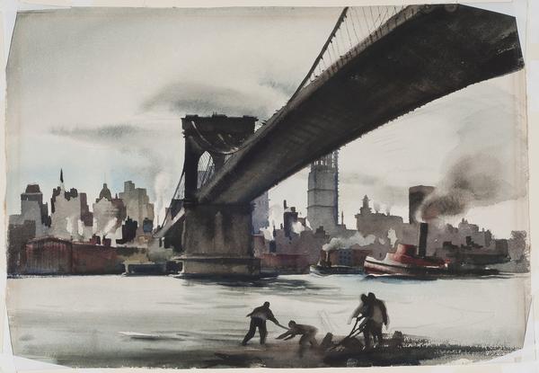 Millard Sheets (American, 1907–1989), Brooklyn Bridge, 1933.  Watercolor on paper, 15¾ x 22¾ inches.  Georgia Museum of Art, University of Georgia; Extended loan from the collection of Jason Schoen, GMOA 2005.123E.