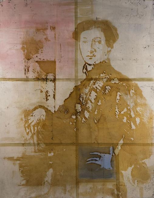 'Composition VI, Young Man', 2015.  Silver leaf, acid and aniline dyes on polymethyl methacylate sheet mounted on wood, 41 x 32 inches.